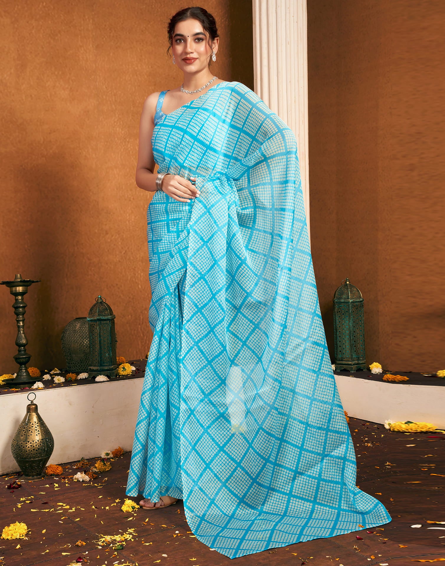 Blue Chiffon Printed Bandhani Saree