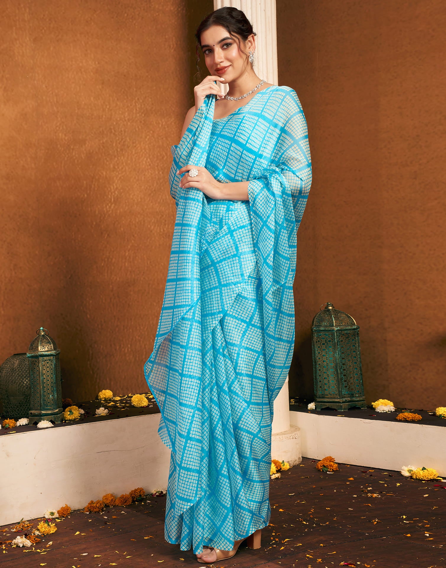 Sky Blue Chiffon Bandhani Printed Saree