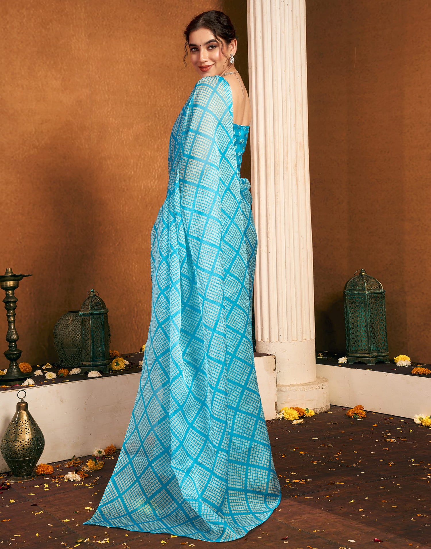 Sky Blue Chiffon Bandhani Printed Saree