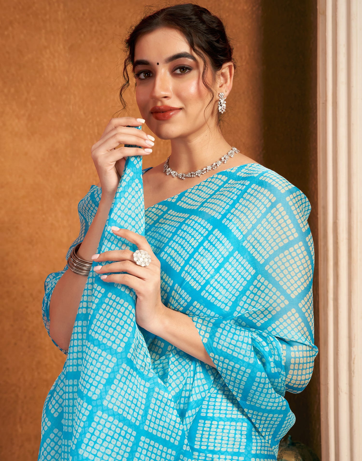 Sky Blue Chiffon Bandhani Printed Saree