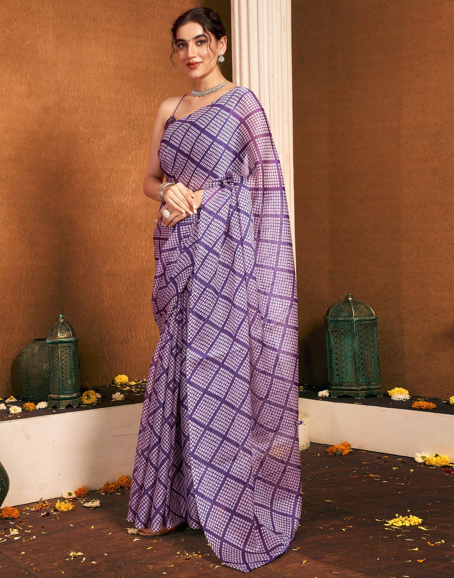 Purple Chiffon Printed Bandhani Saree