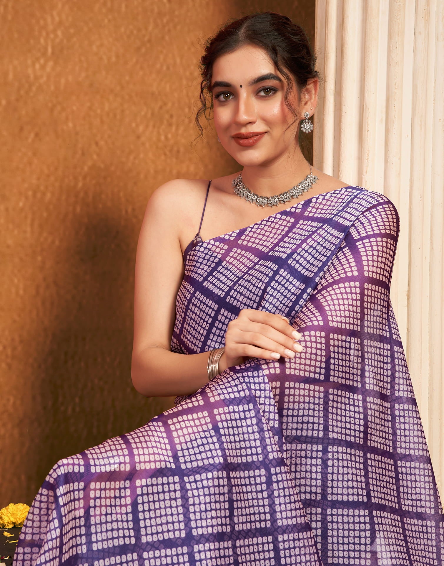 Purple Chiffon Printed Bandhani Saree