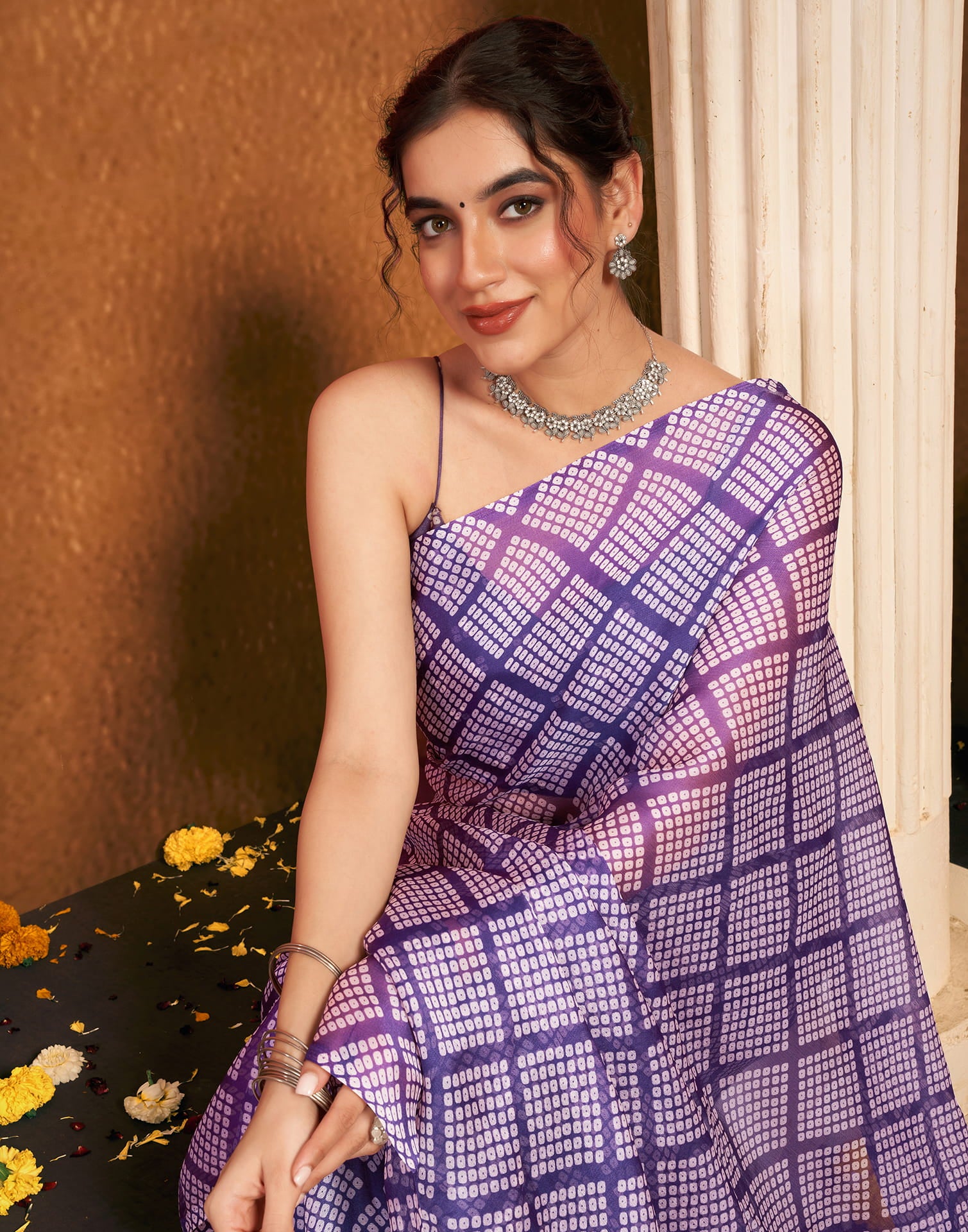 Dark Purple Chiffon Bandhani Printed Saree