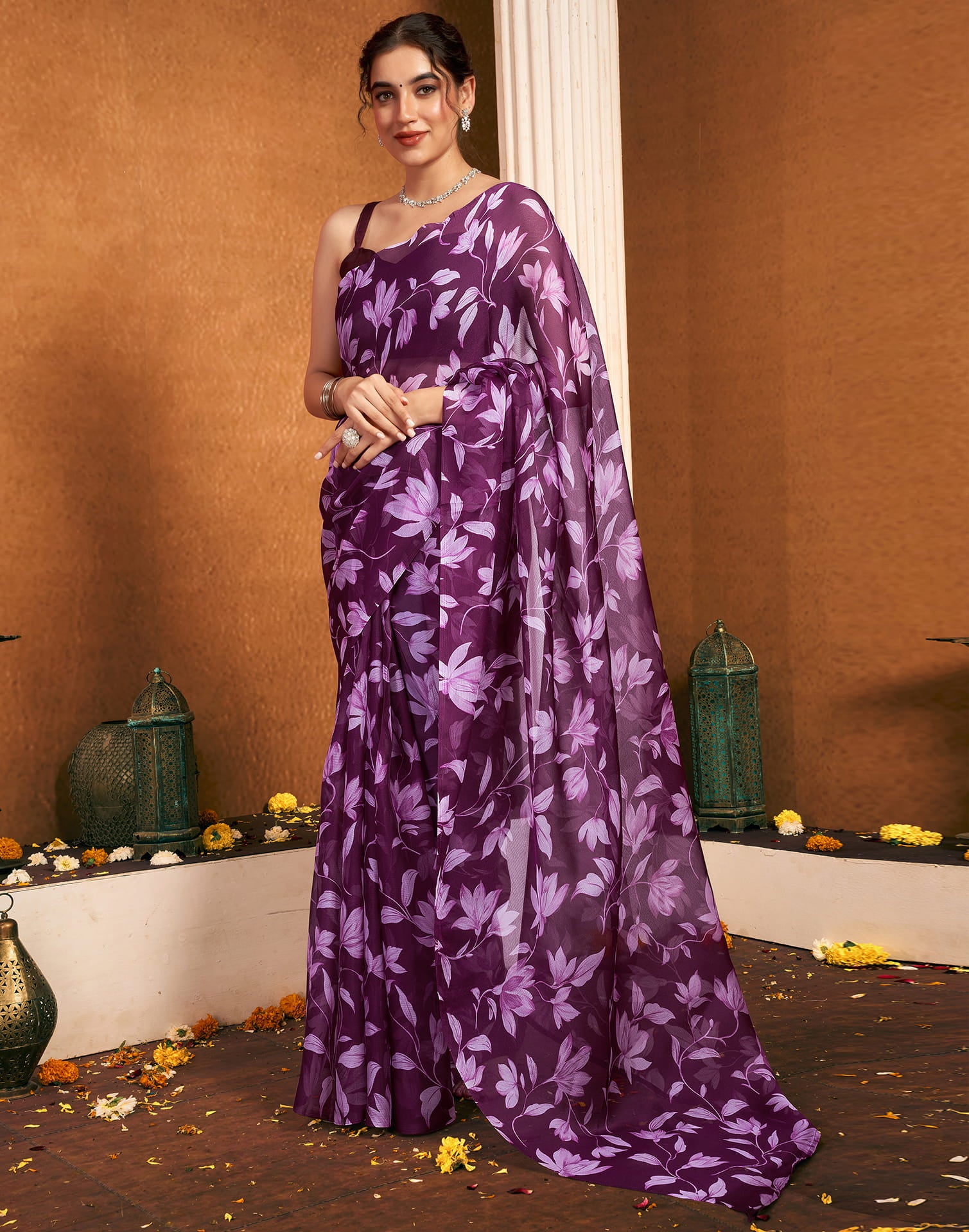 Purple Chiffon Printed Printed Saree