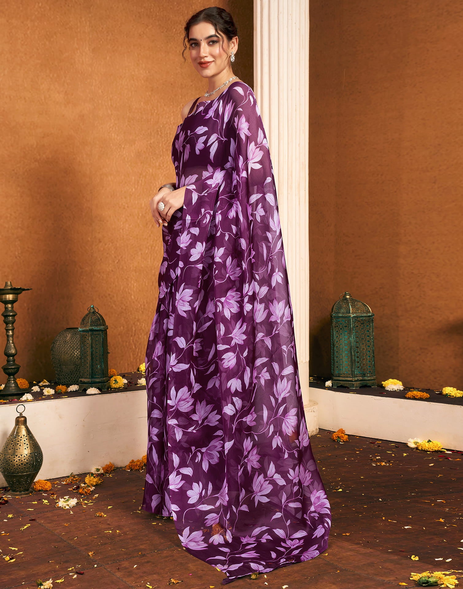 Purple Chiffon Printed Printed Saree