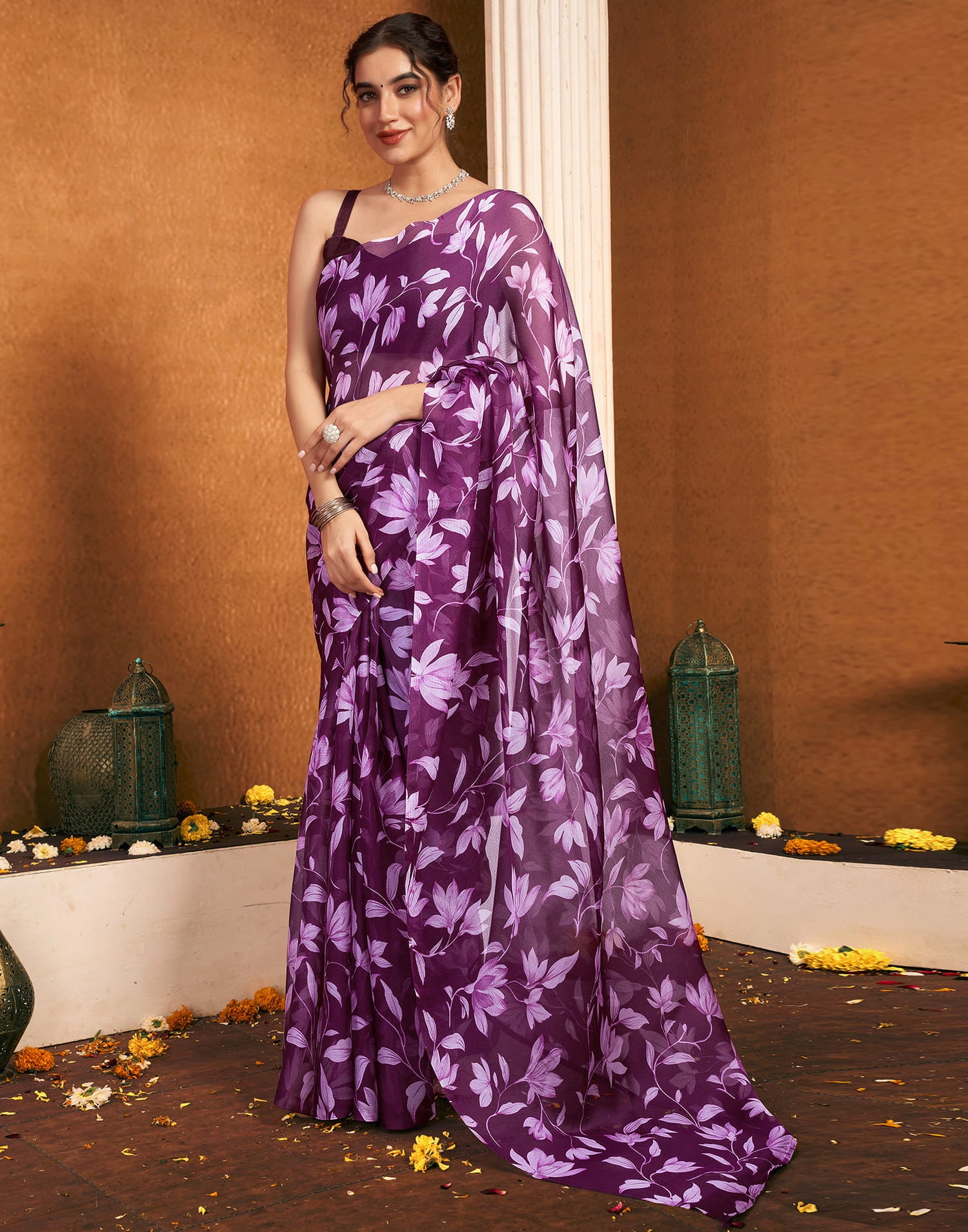 Wine Chiffon Printed Printed Saree