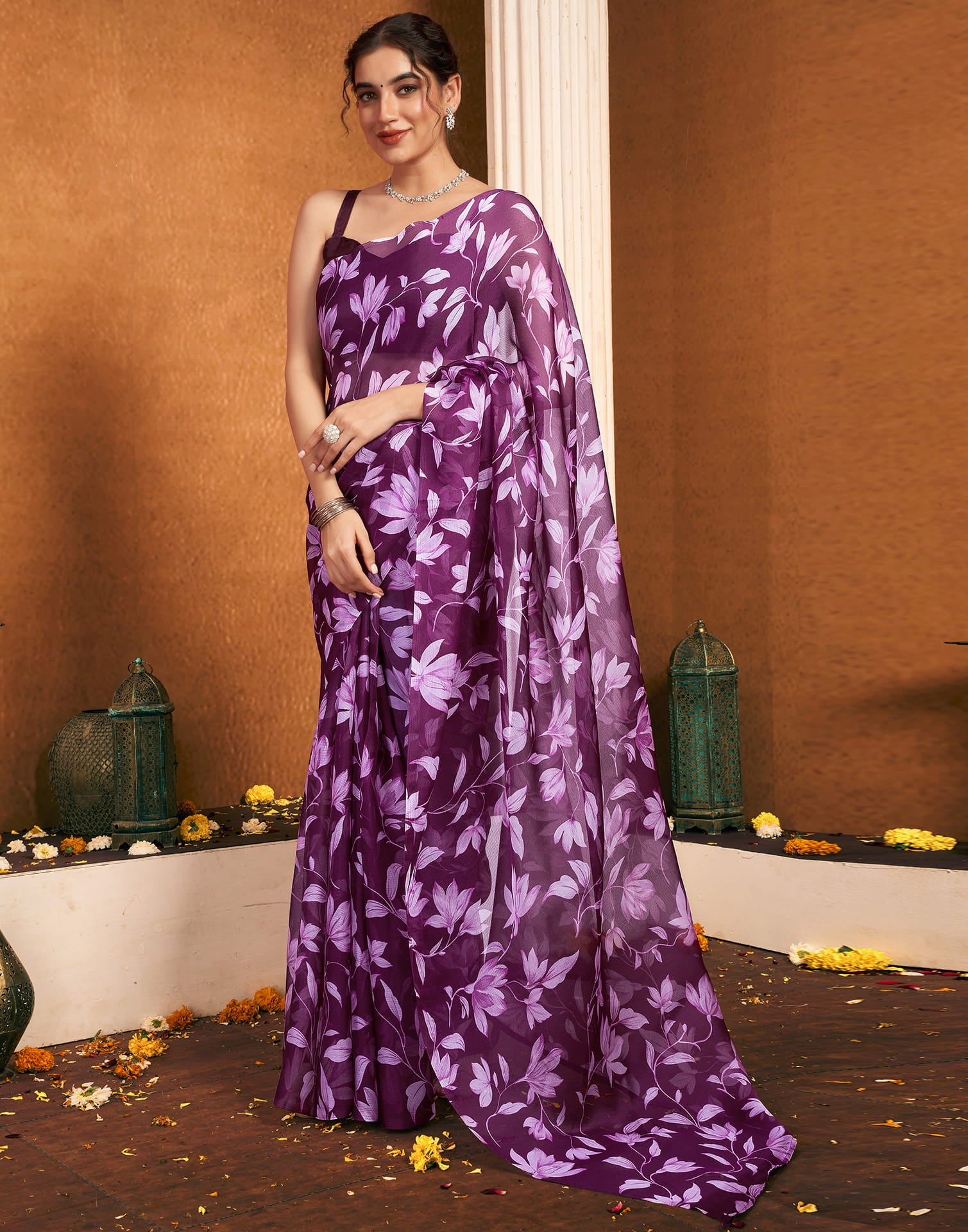 Purple Chiffon Printed Printed Saree