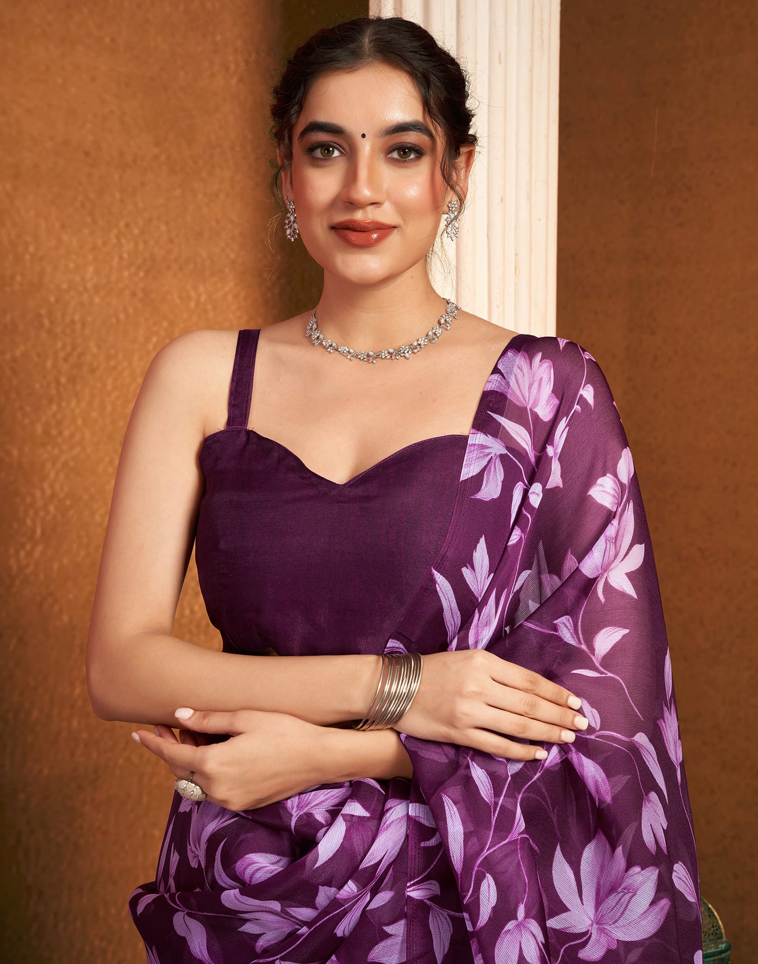 Purple Chiffon Printed Printed Saree