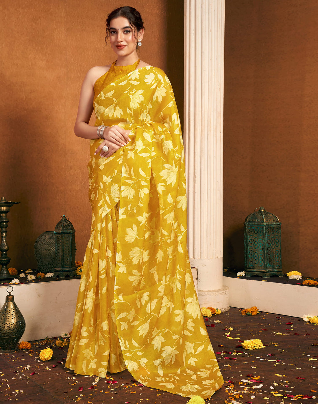 Yellow Chiffon Printed Printed Saree