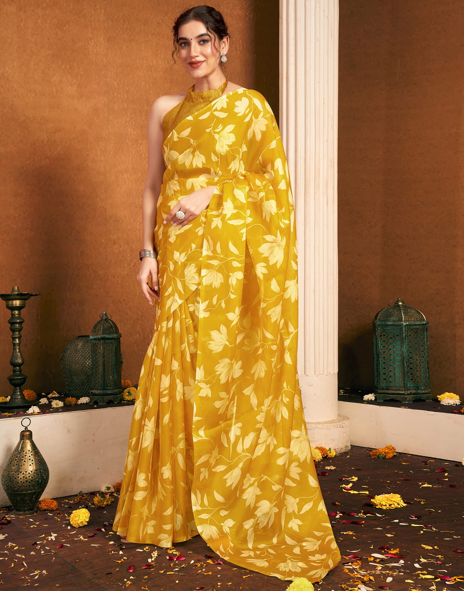 Yellow Chiffon Printed Printed Saree