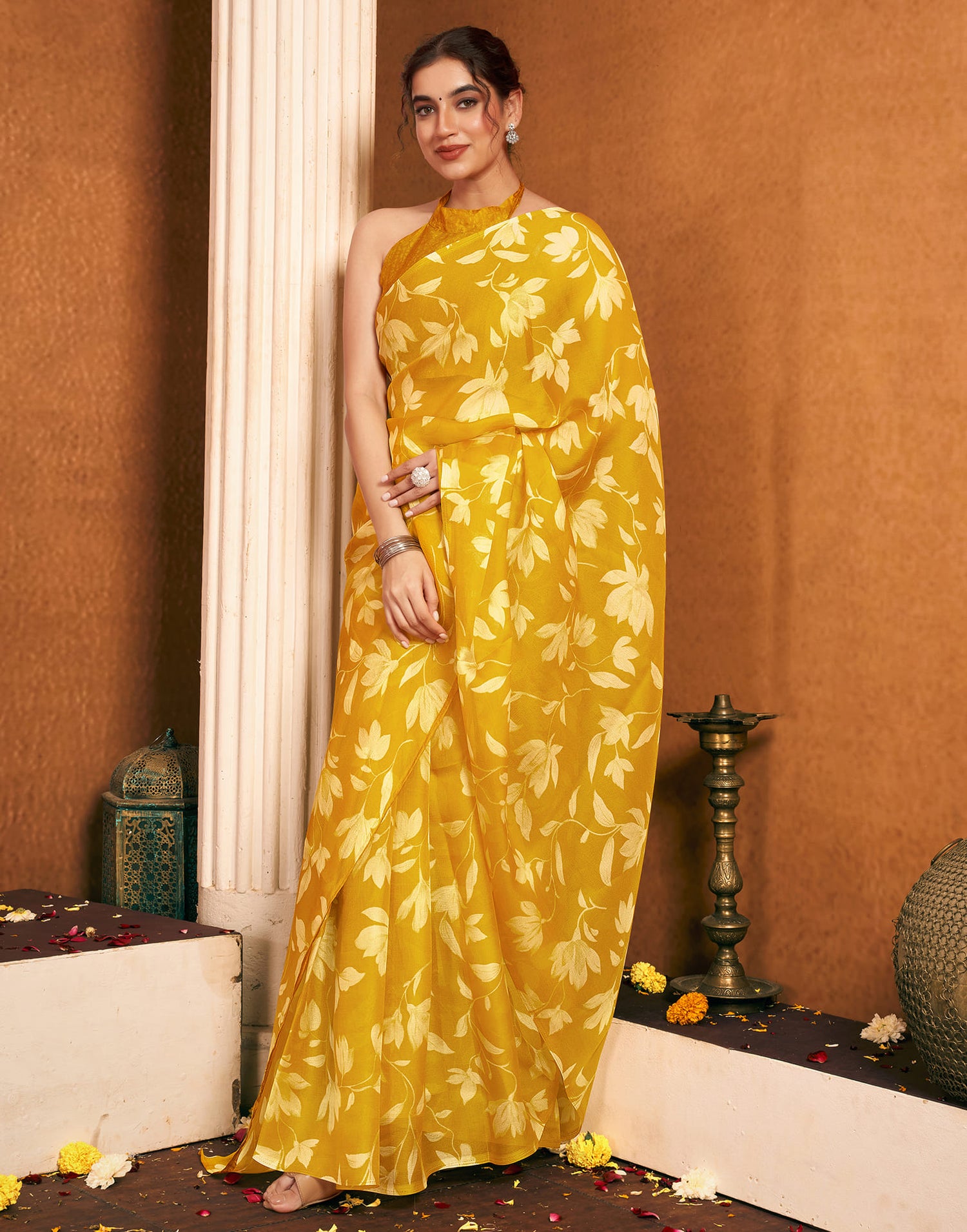 Yellow Chiffon Printed Printed Saree