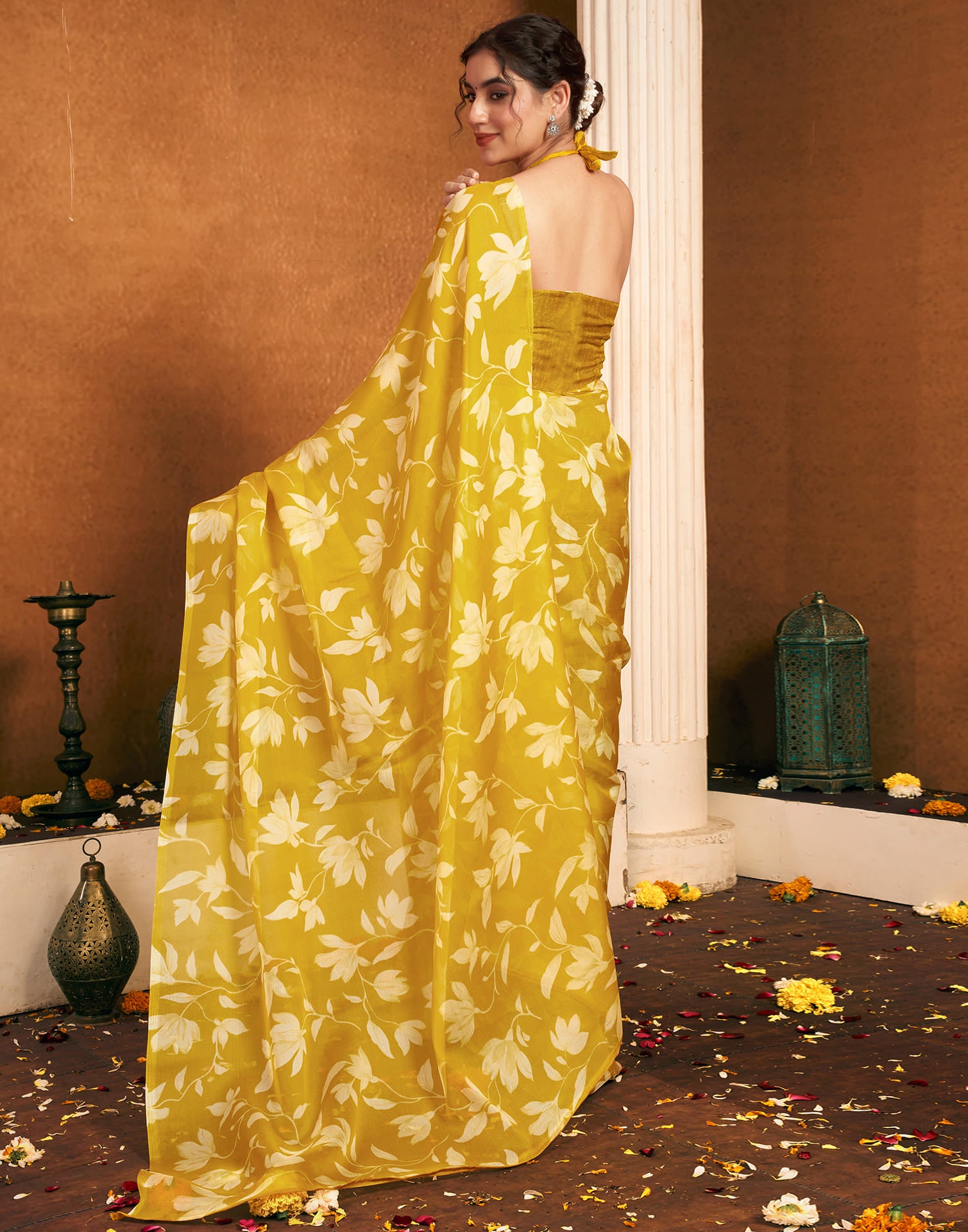 Yellow Chiffon Printed Printed Saree