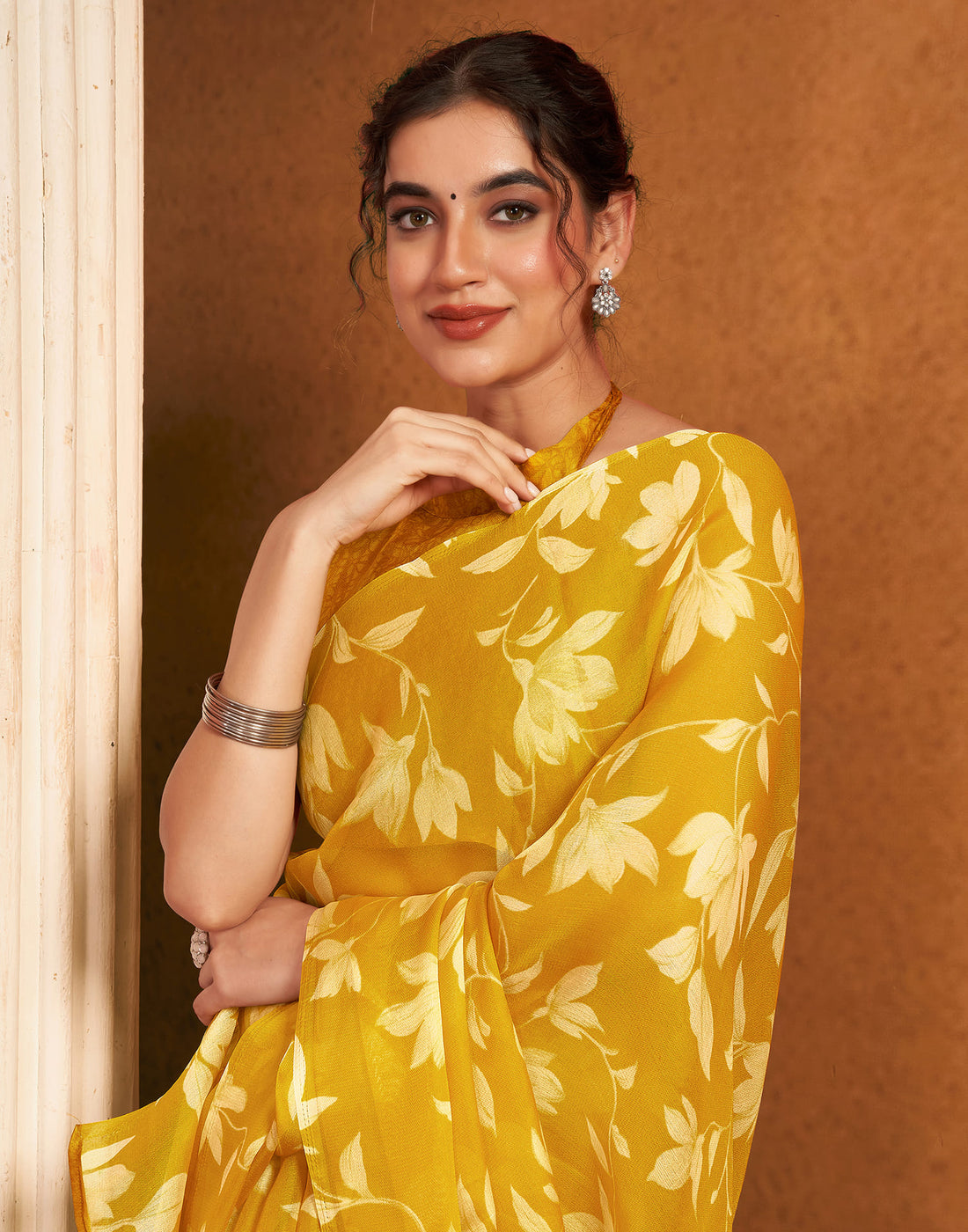 Yellow Chiffon Printed Saree