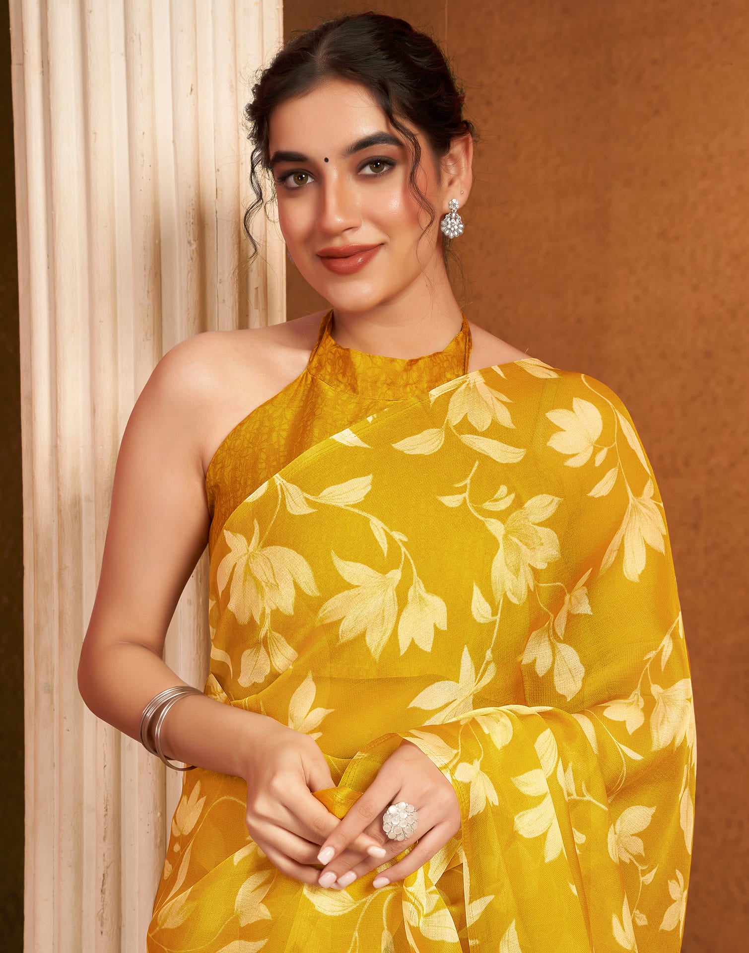 Yellow Chiffon Printed Printed Saree