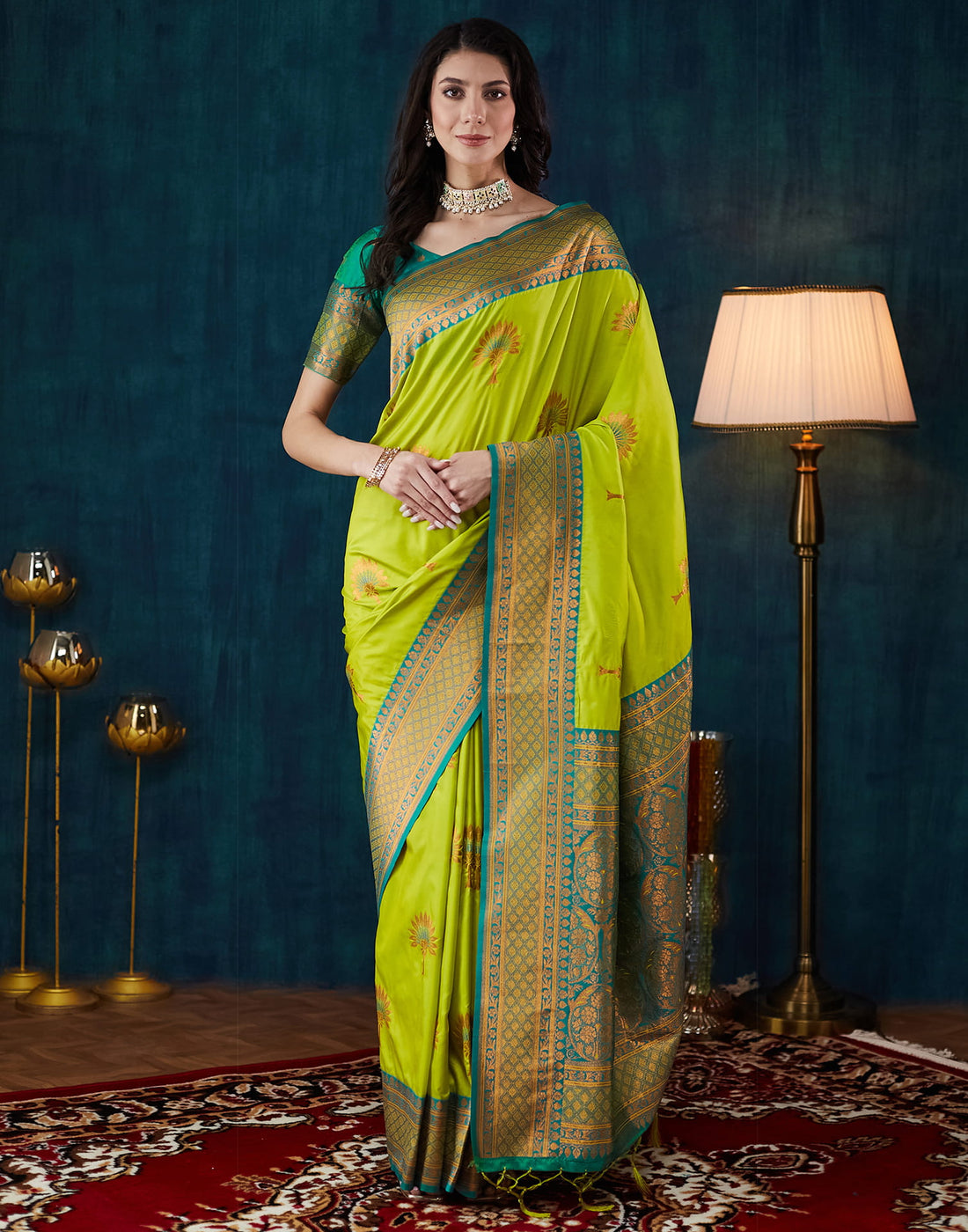 Lime Green Silk Woven Saree