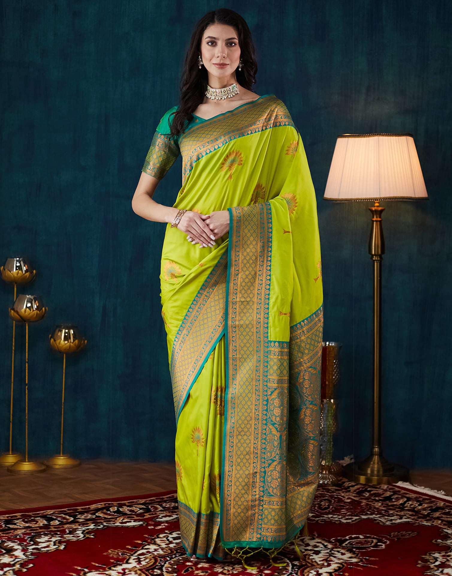 Lime Green Silk Woven Saree