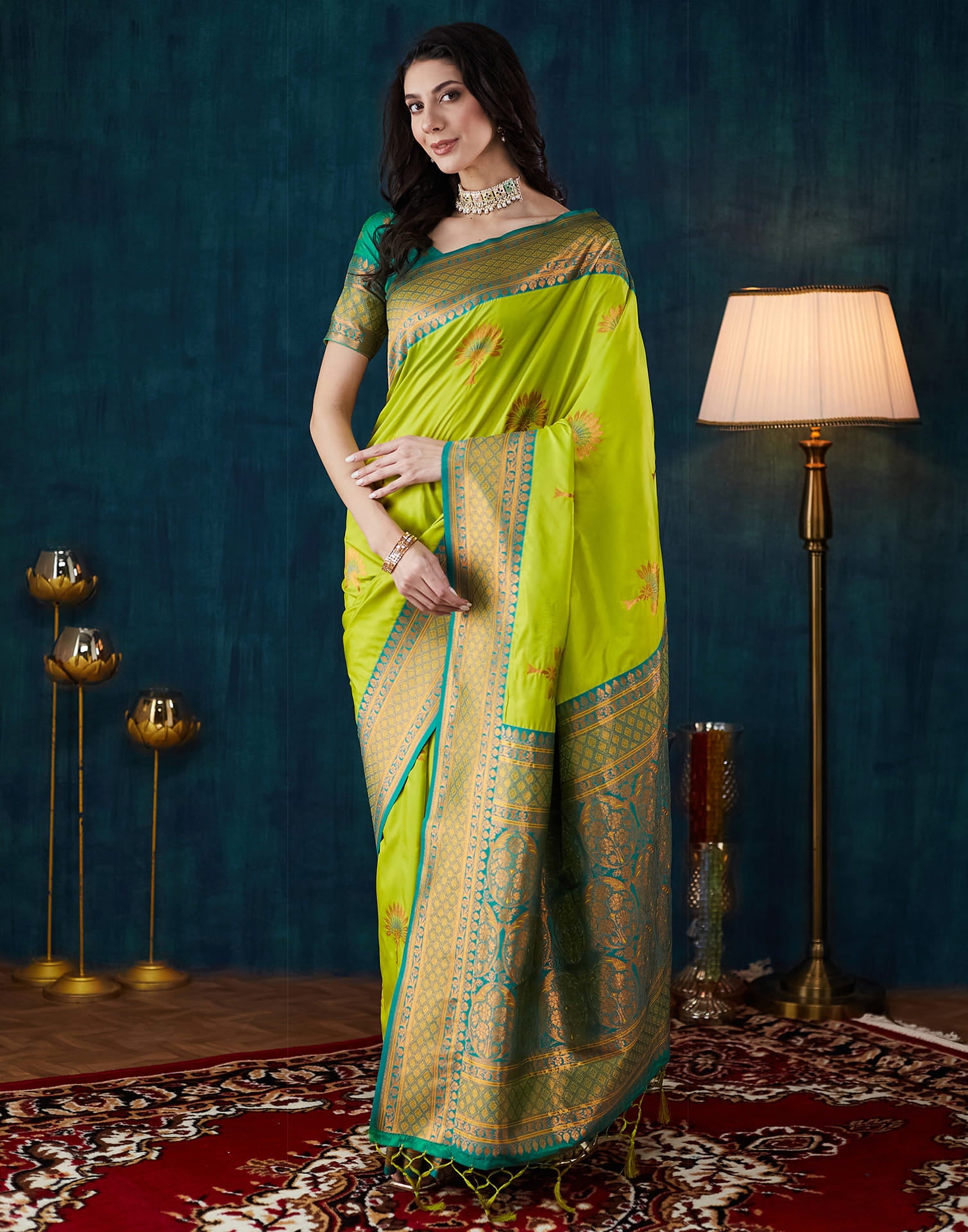 Lime Green Silk Woven Saree