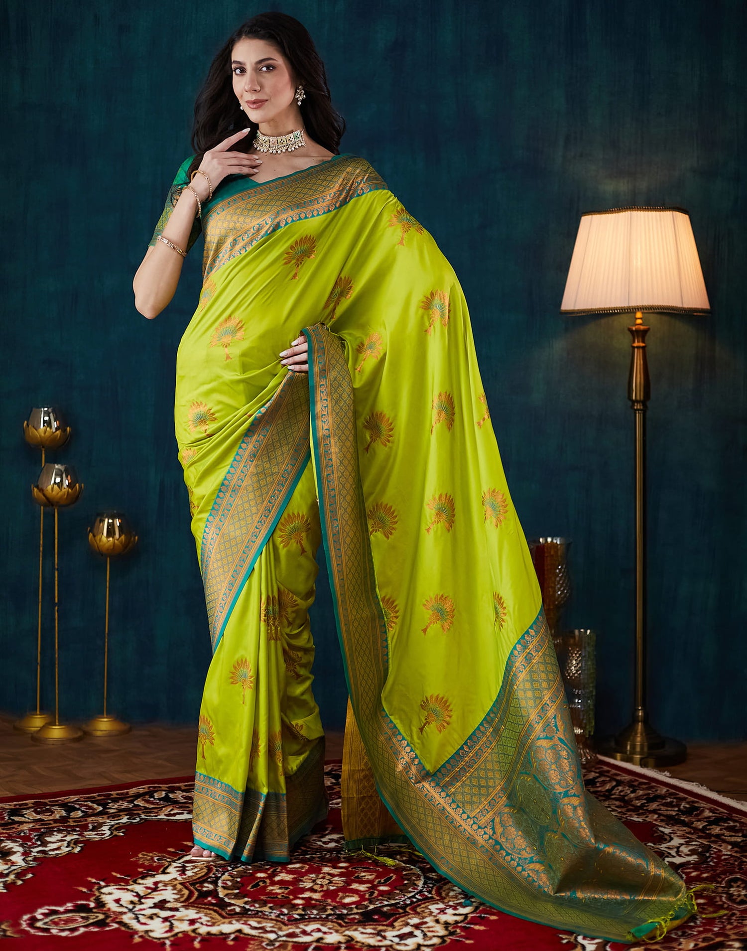 Lime Green Silk Woven Saree