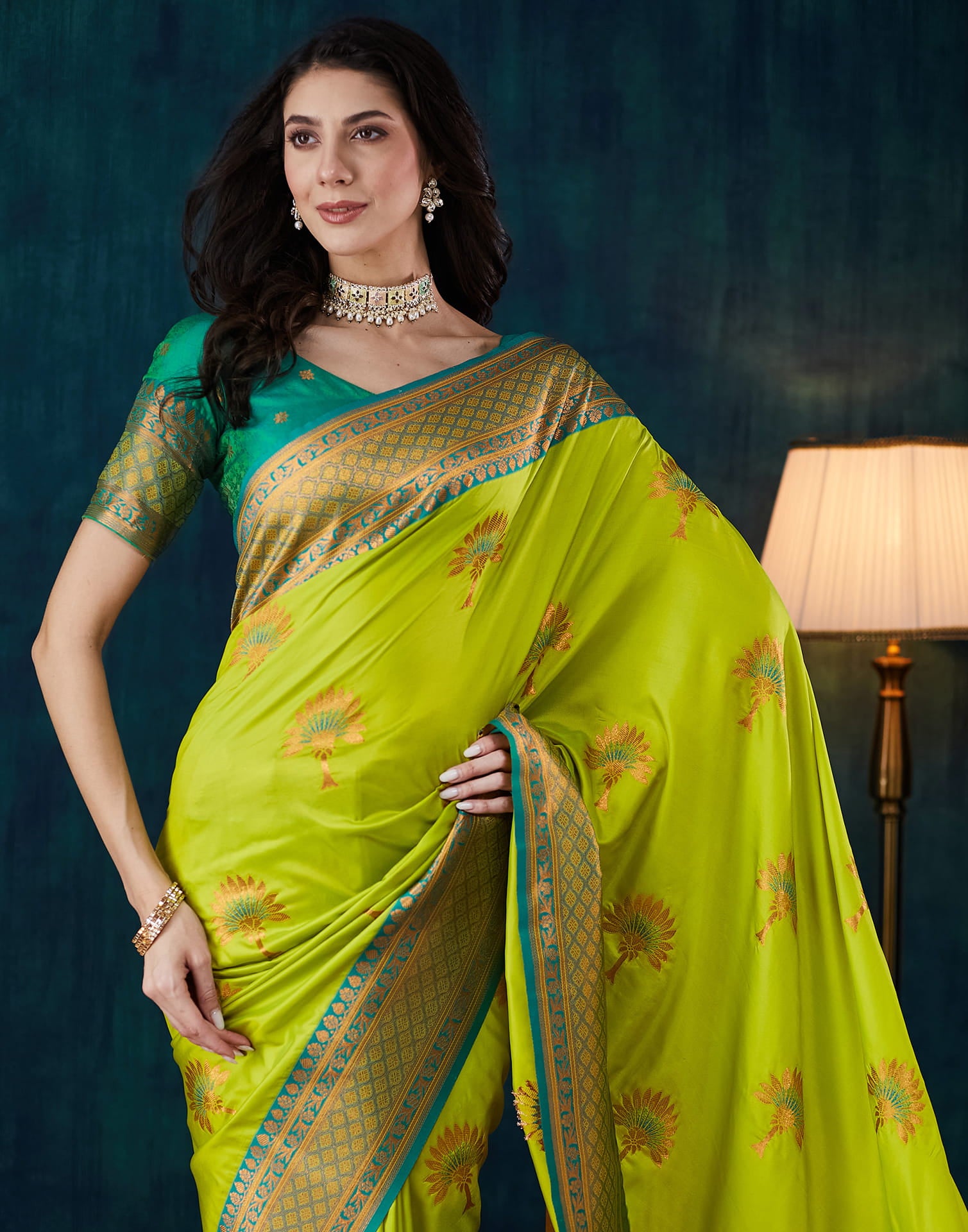 Lime Green Silk Woven Saree