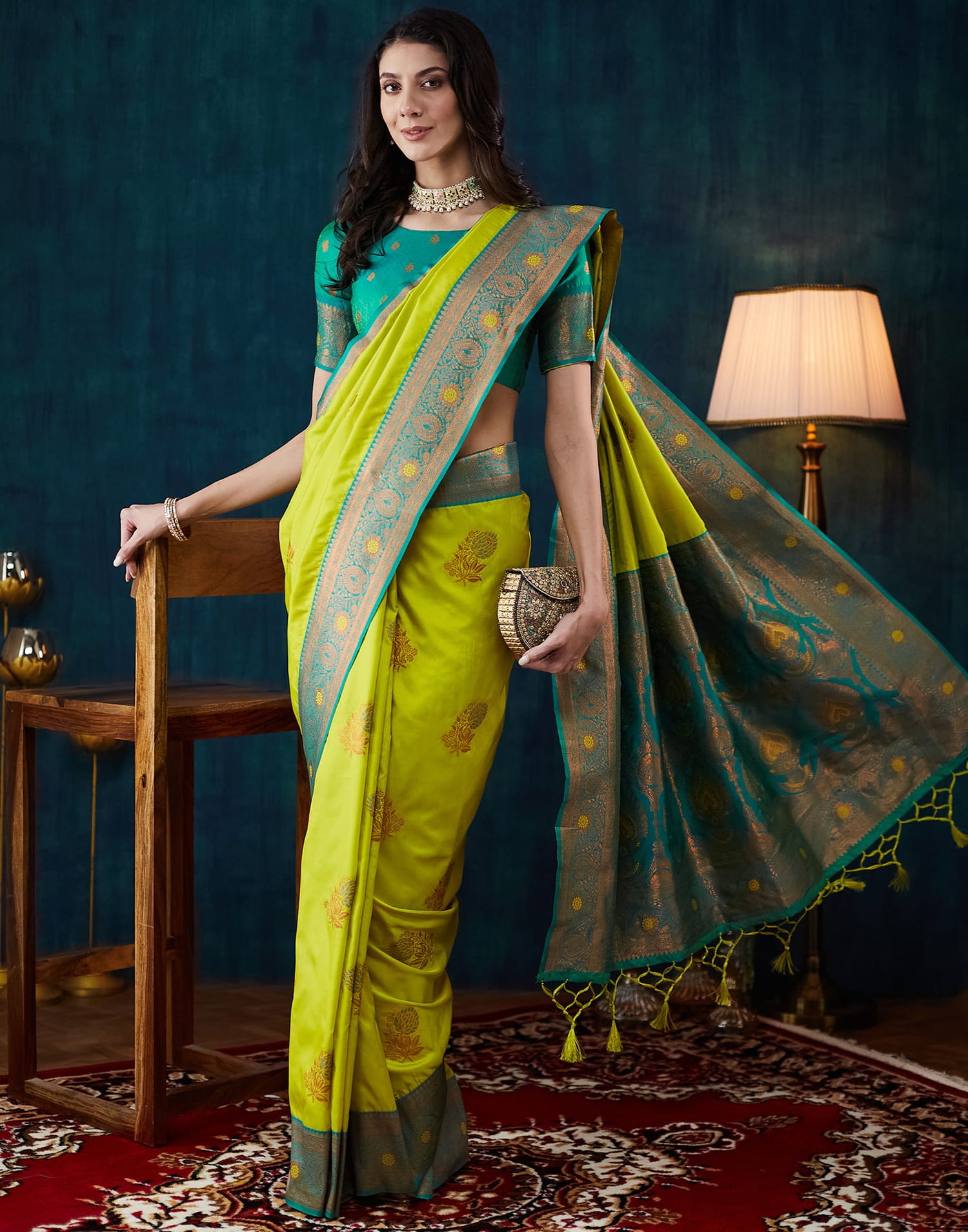 Lime Green Silk Woven Saree