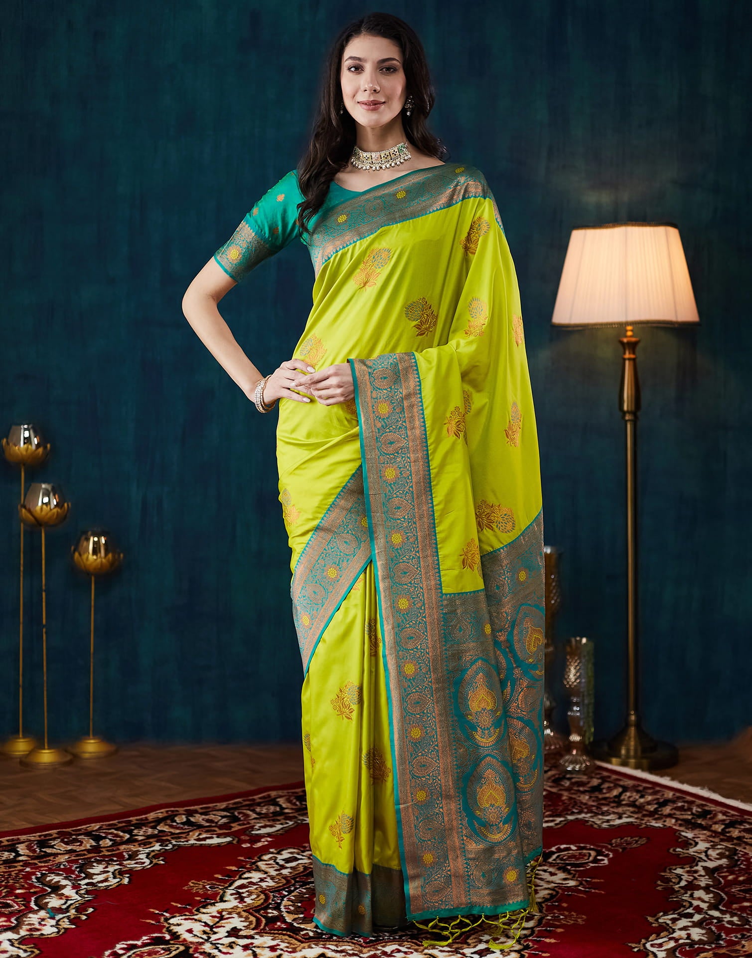 Lime Green Silk Woven Saree