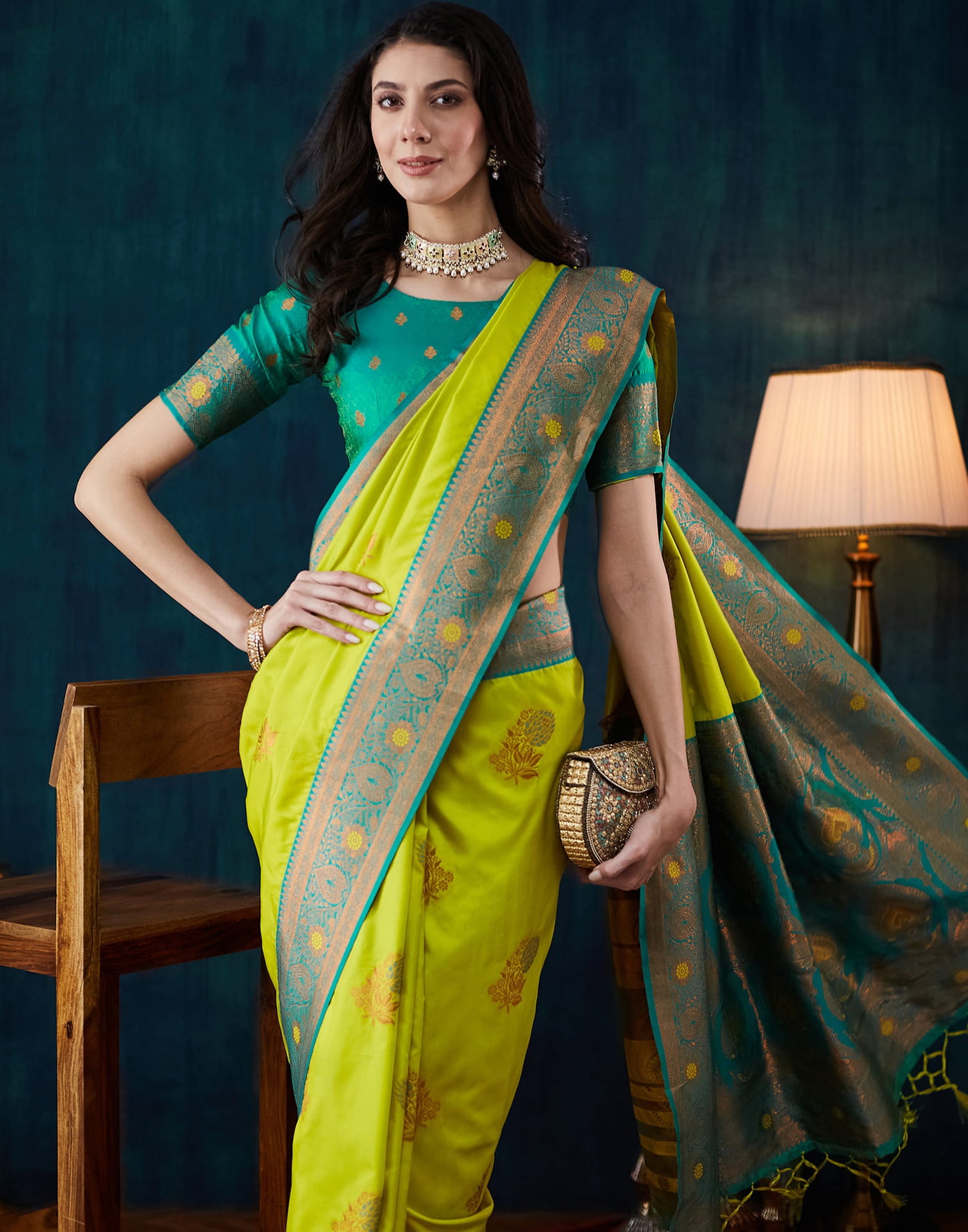 Lime Green Silk Woven Saree