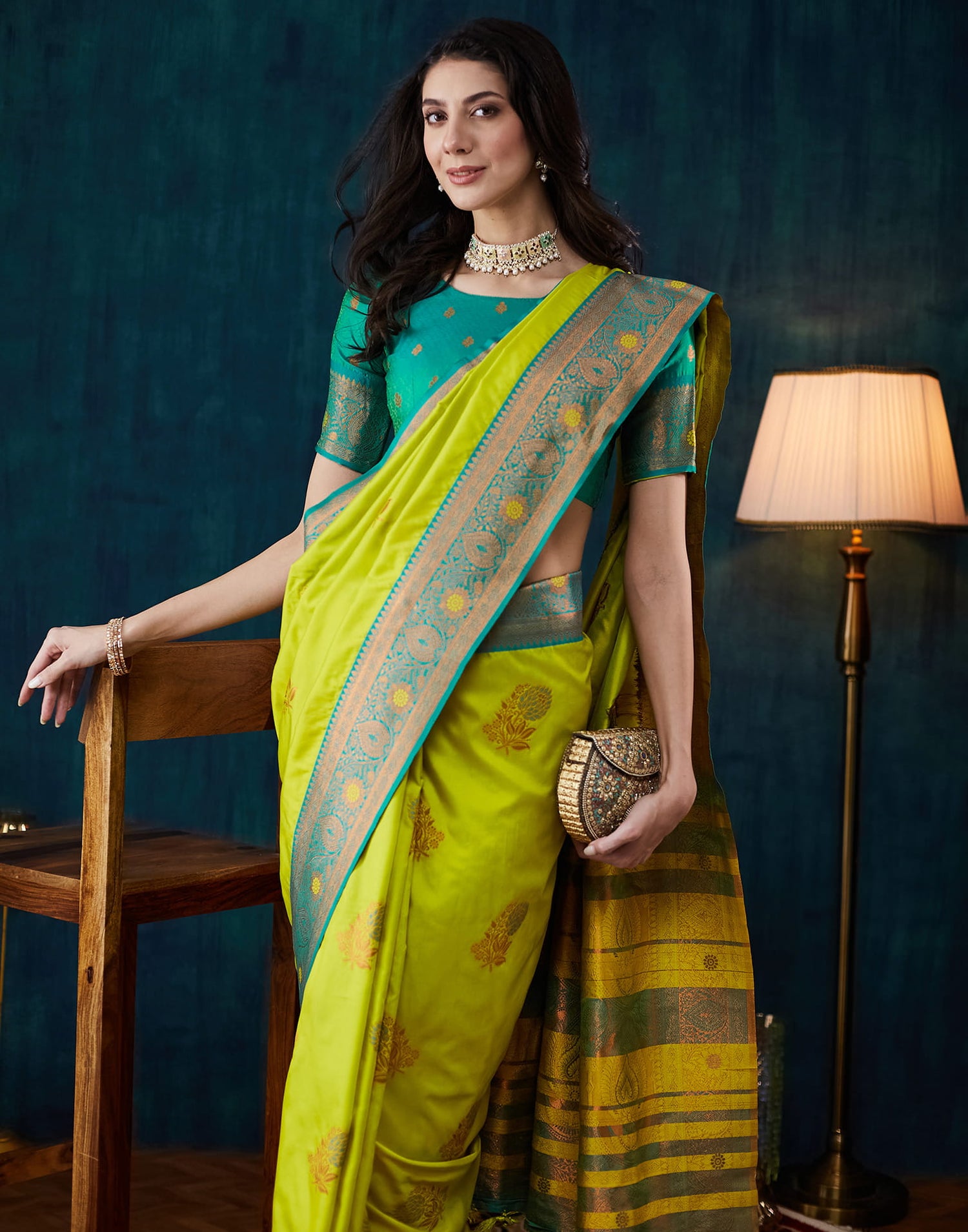 Lime Green Silk Woven Saree