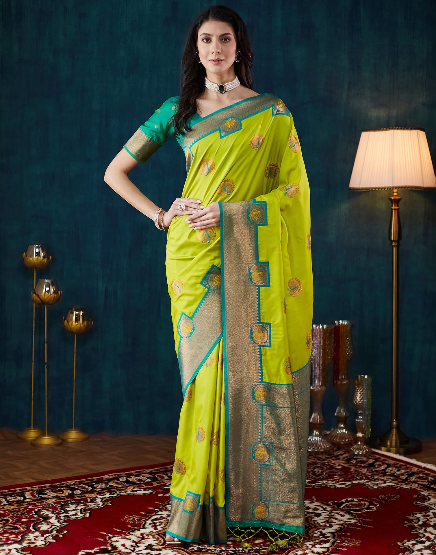 Lime Green Silk Woven Saree