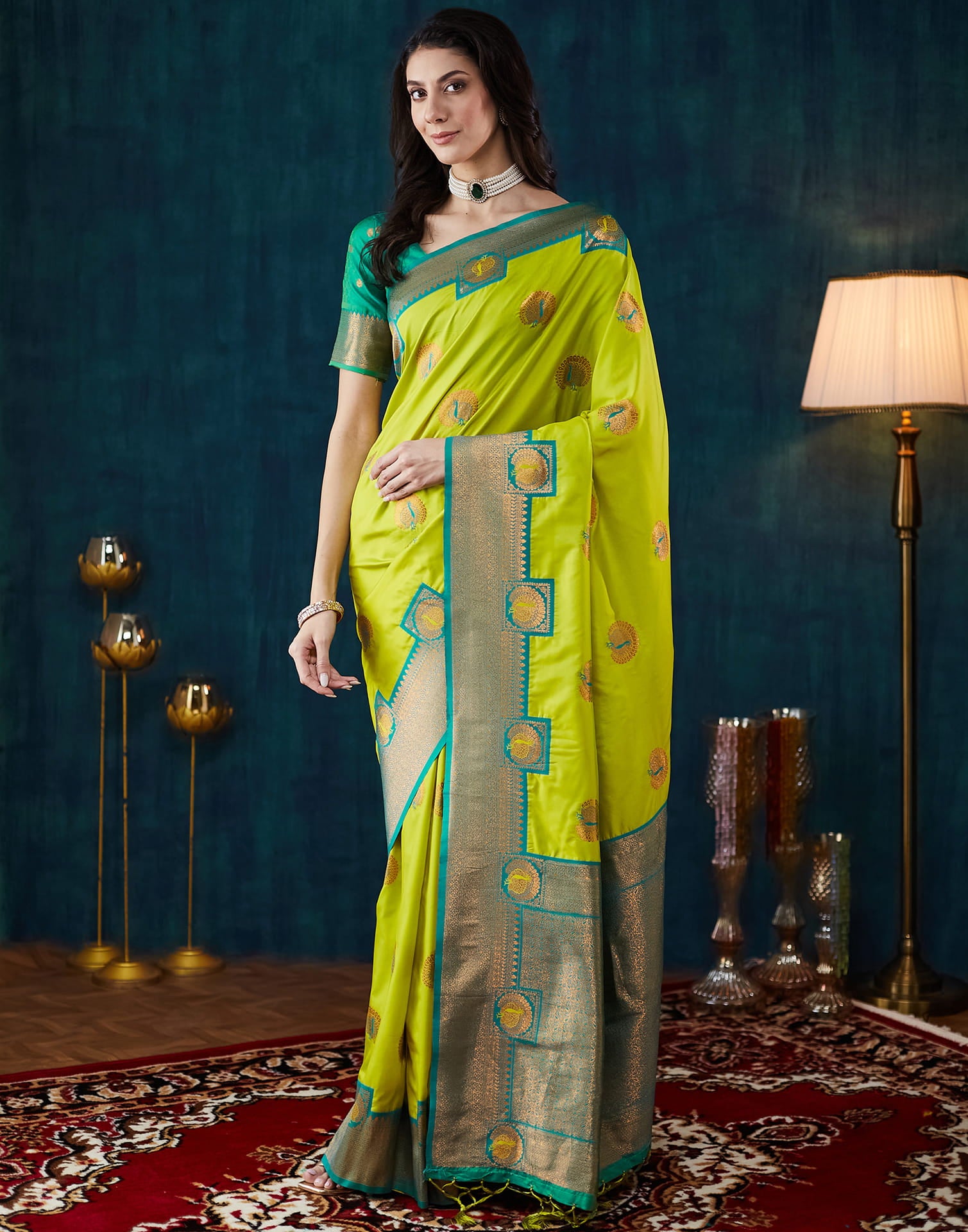 Lime Green Silk Woven Saree