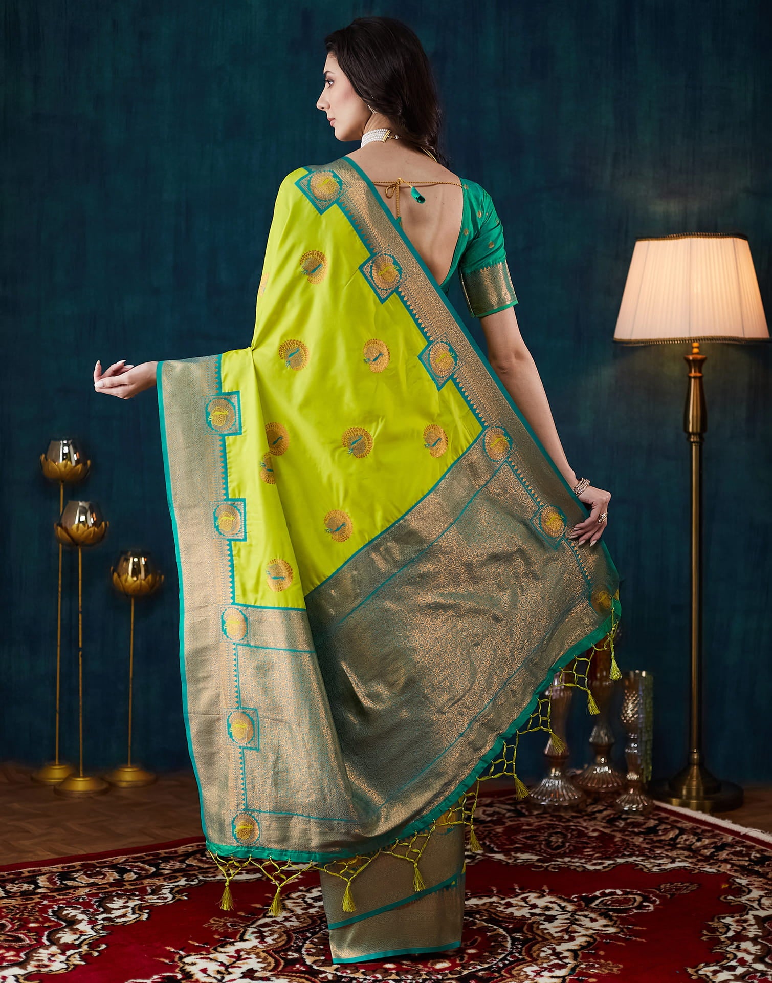 Lime Green Silk Woven Saree