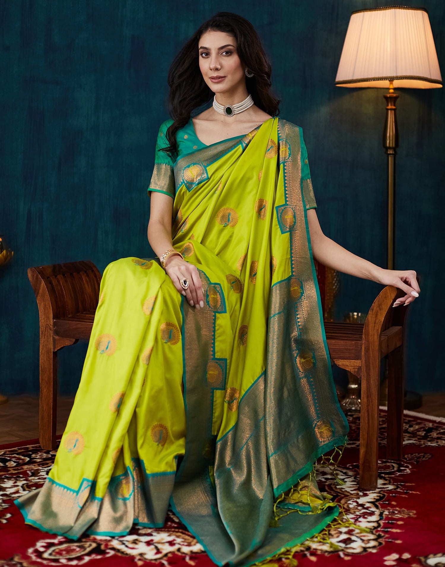 Lime Green Silk Woven Saree