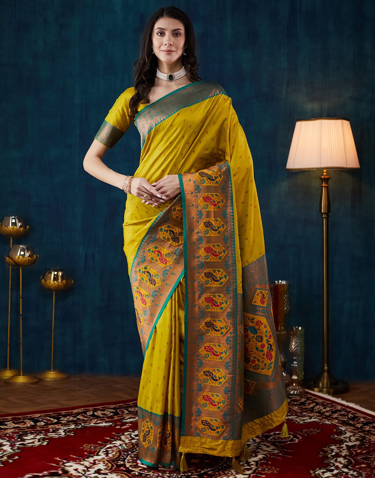 Mustard Green Silk Woven Saree