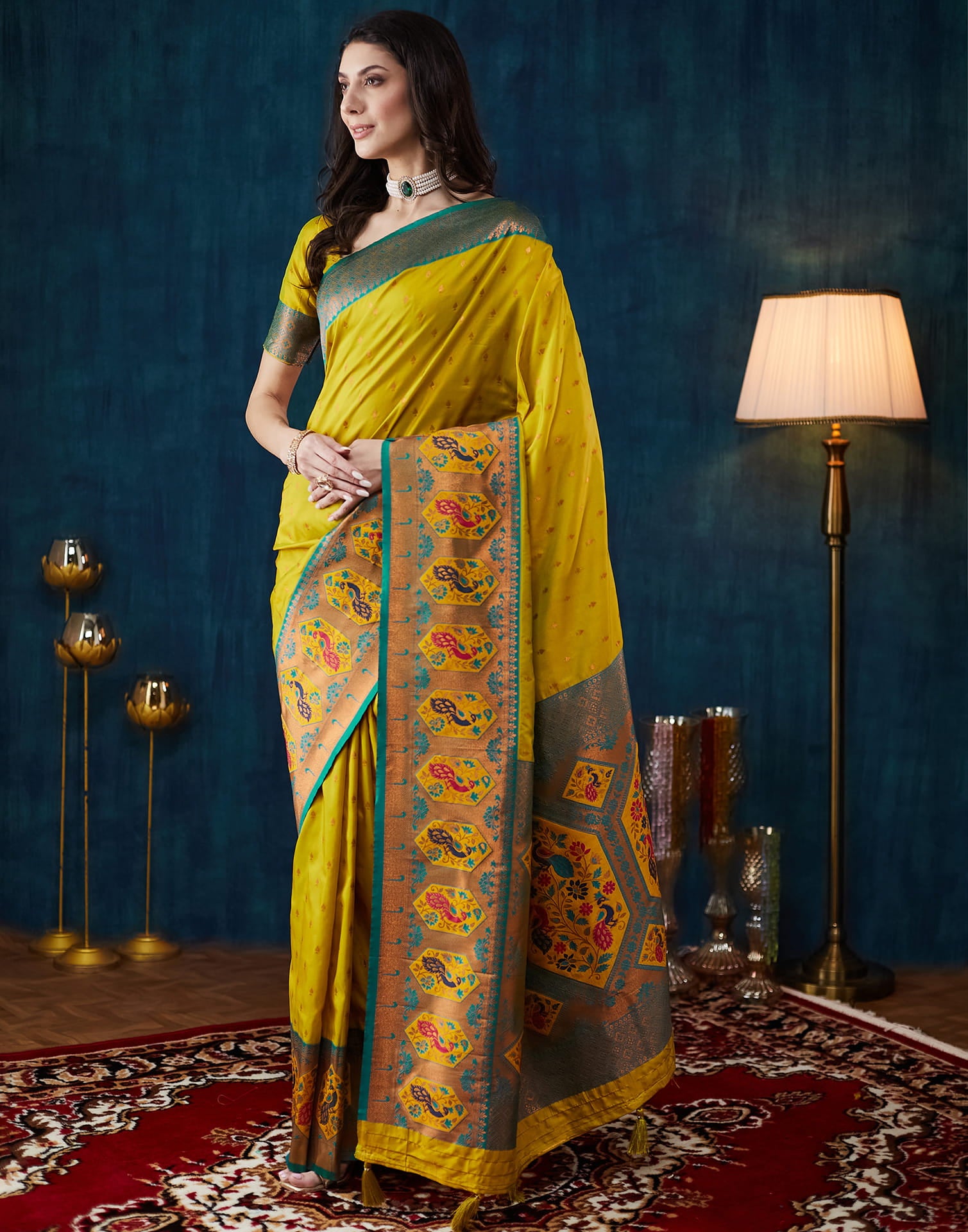 Mustard Green Silk Woven Saree