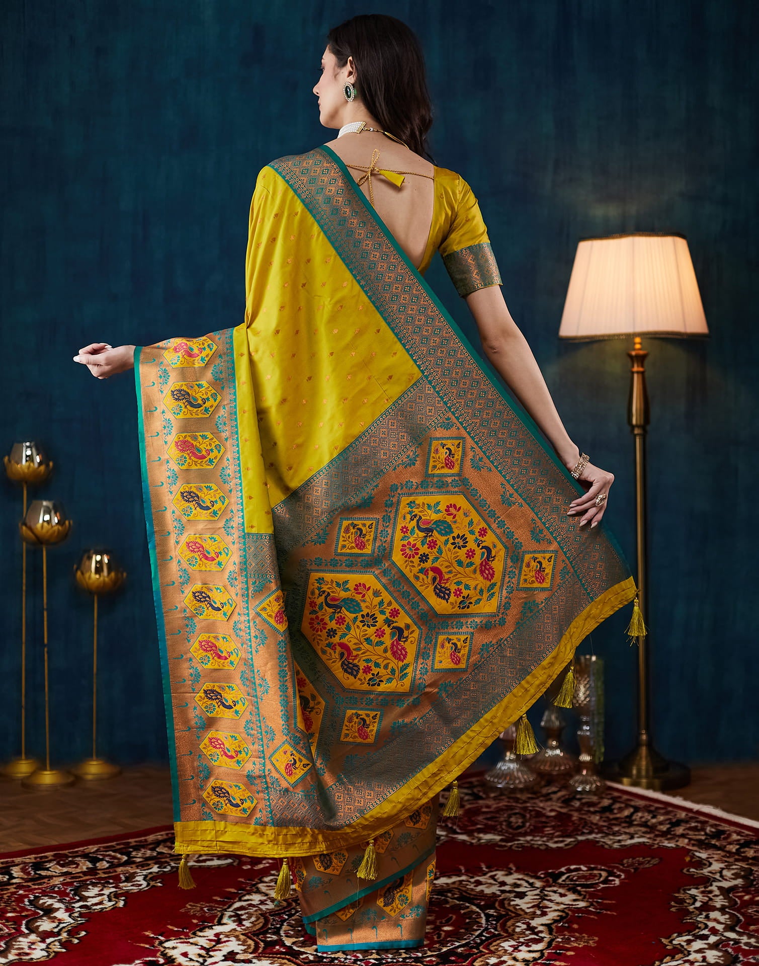 Mustard Green Silk Woven Saree