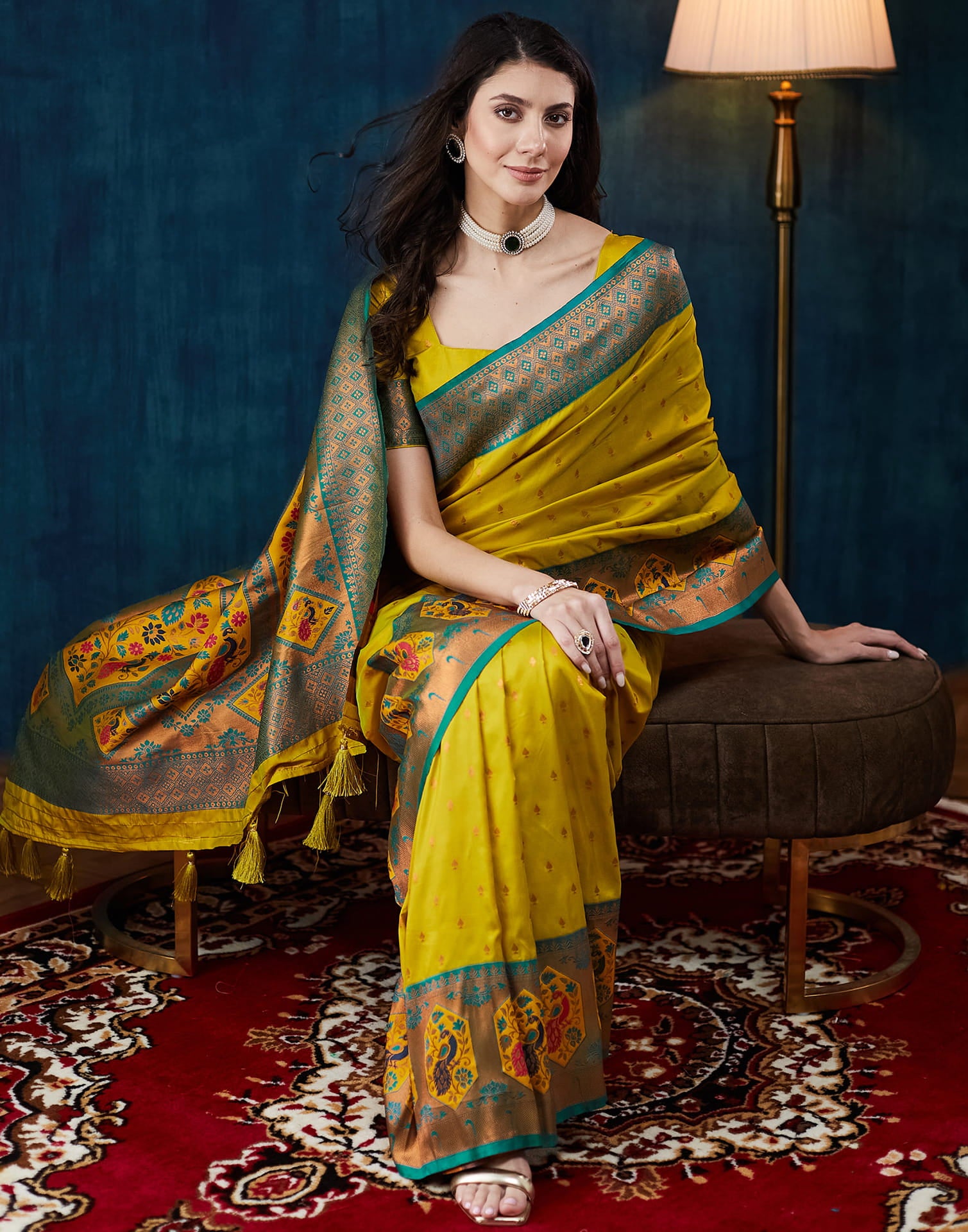 Mustard Green Silk Woven Saree