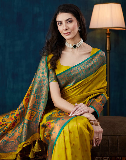 Mustard Green Silk Woven Saree