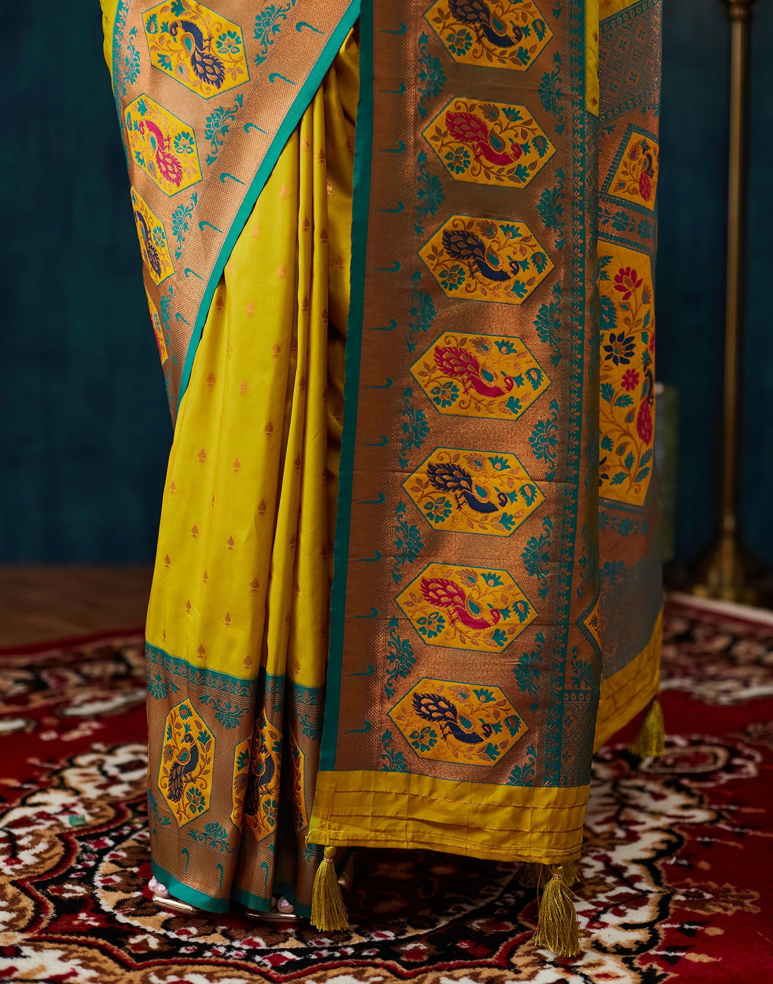 Mustard Green Silk Woven Saree