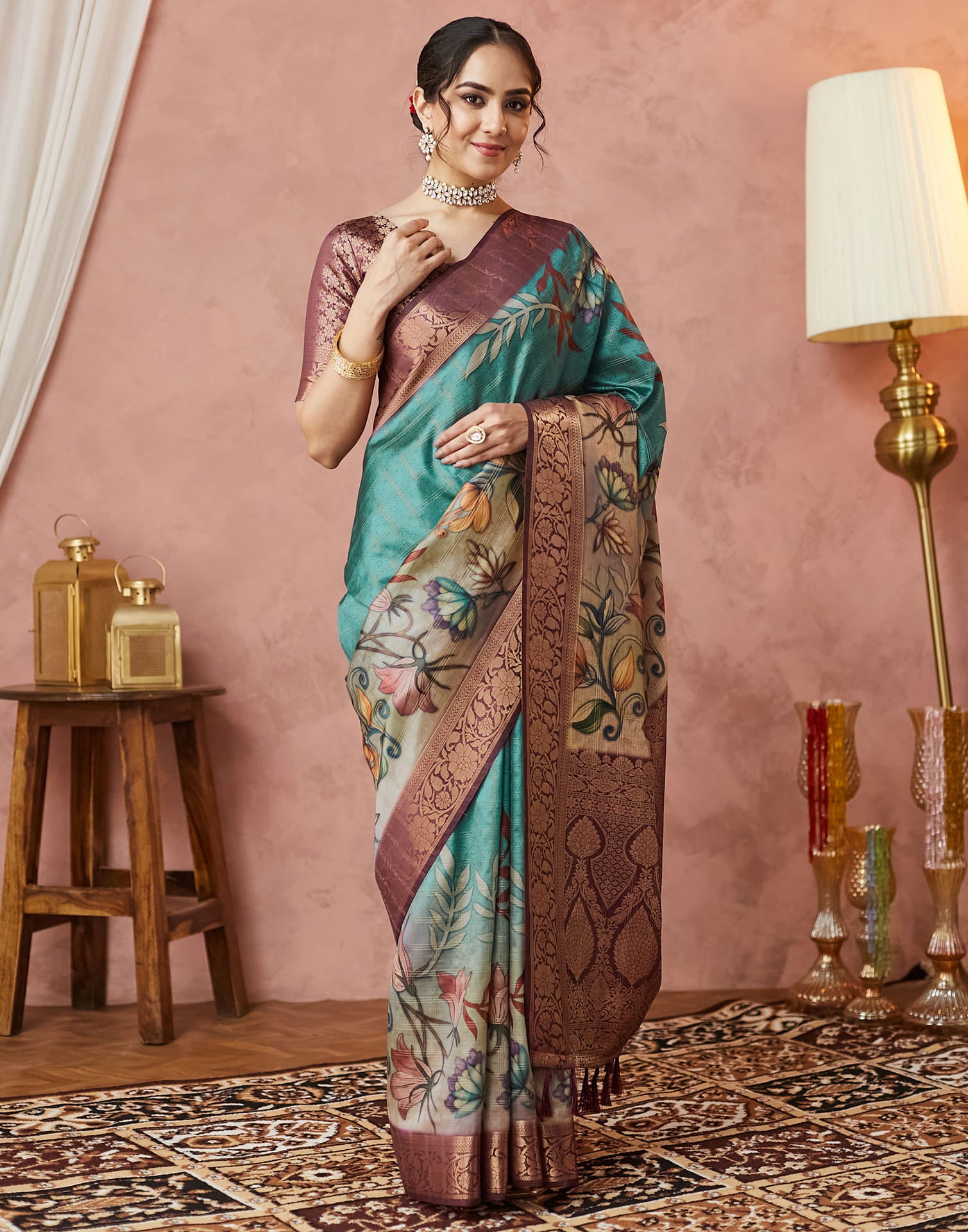 Turquoise Silk Printed Woven Saree