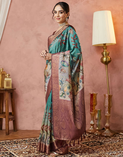 Turquoise Silk Printed Woven Saree