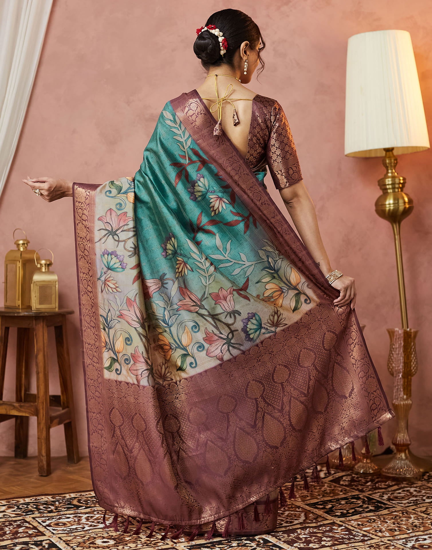 Turquoise Silk Printed Woven Saree