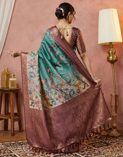 Turquoise Silk Printed Woven Saree