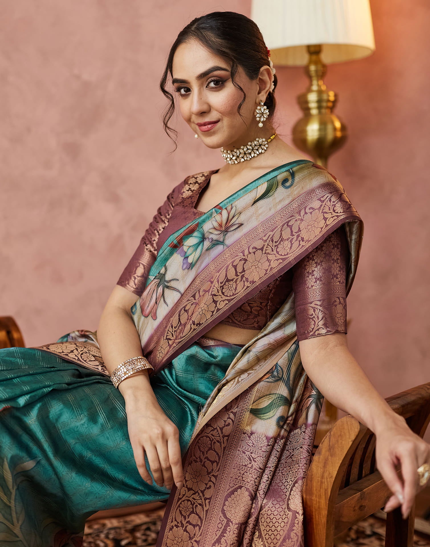 Turquoise Silk Printed Woven Saree