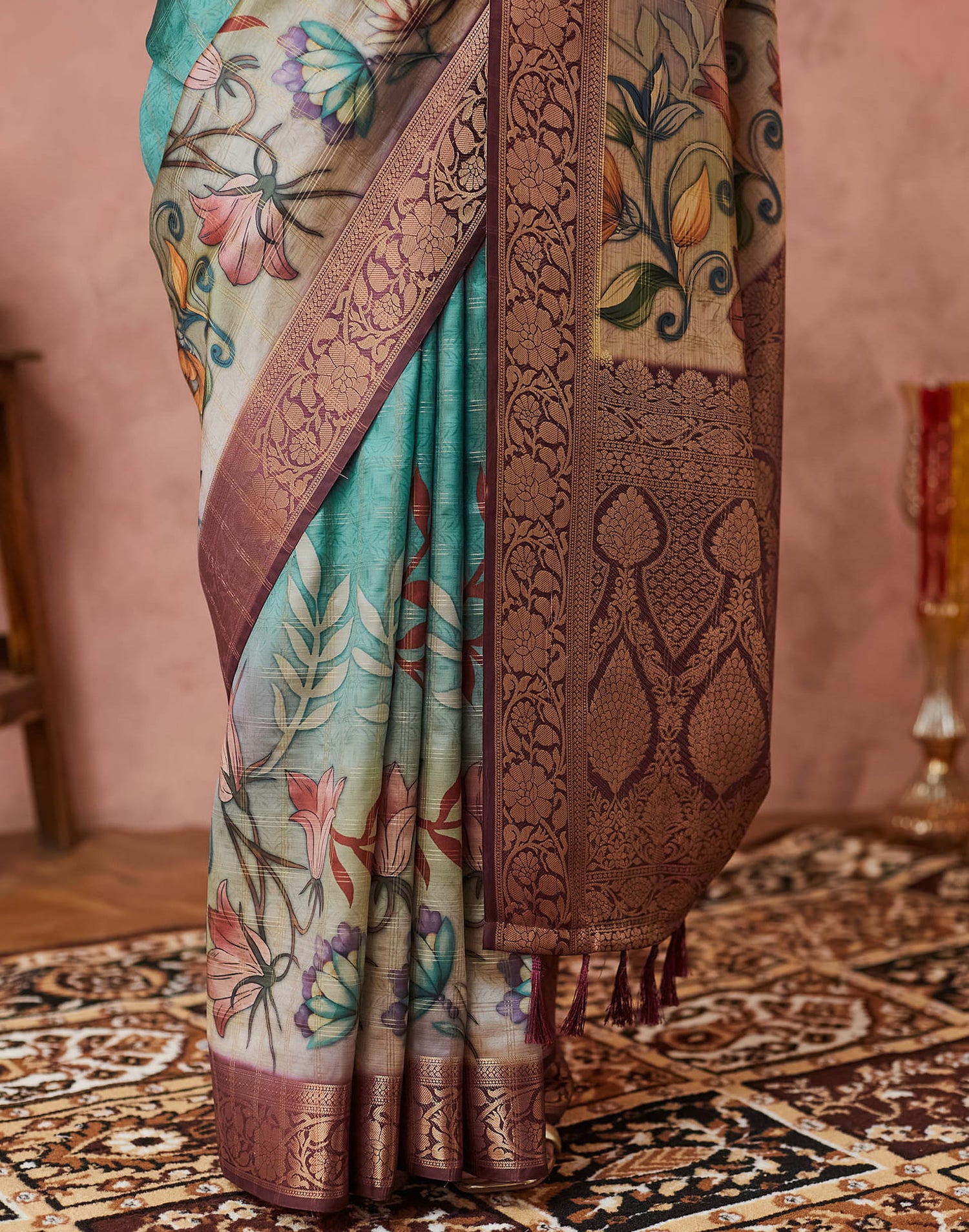 Turquoise Silk Printed Woven Saree