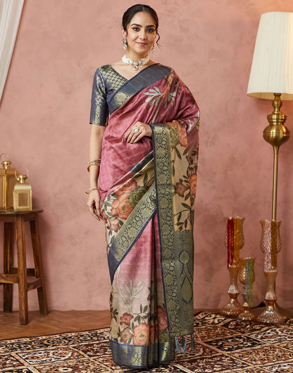 Rose Pink Silk Printed Woven Saree