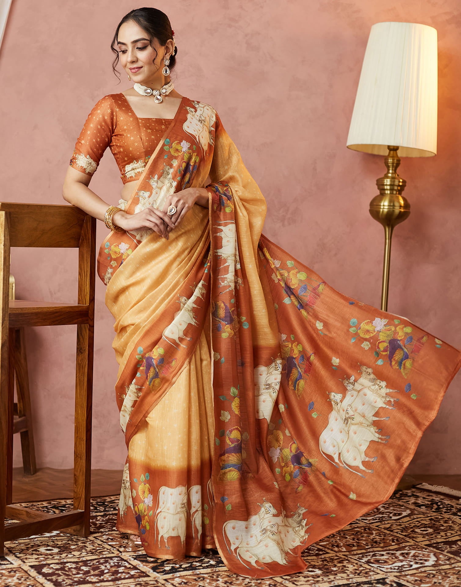 Yellow Cotton Printed Woven Saree