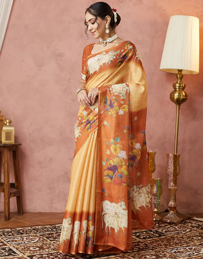 Yellow Cotton Printed Woven Saree