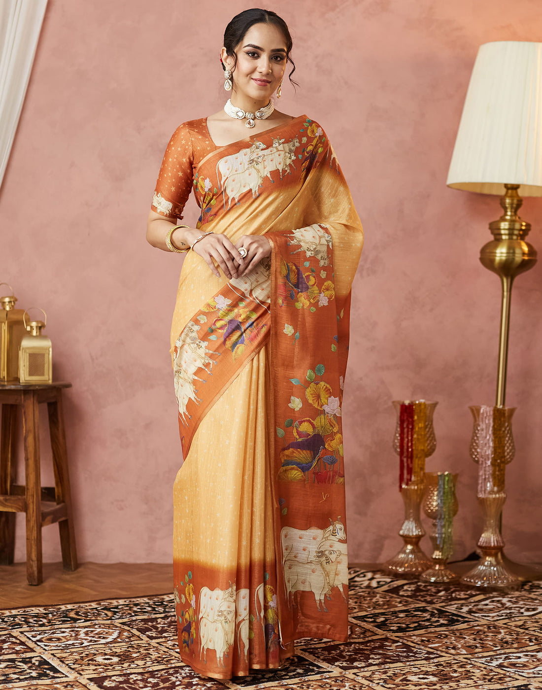 Yellow Cotton Printed Woven Saree