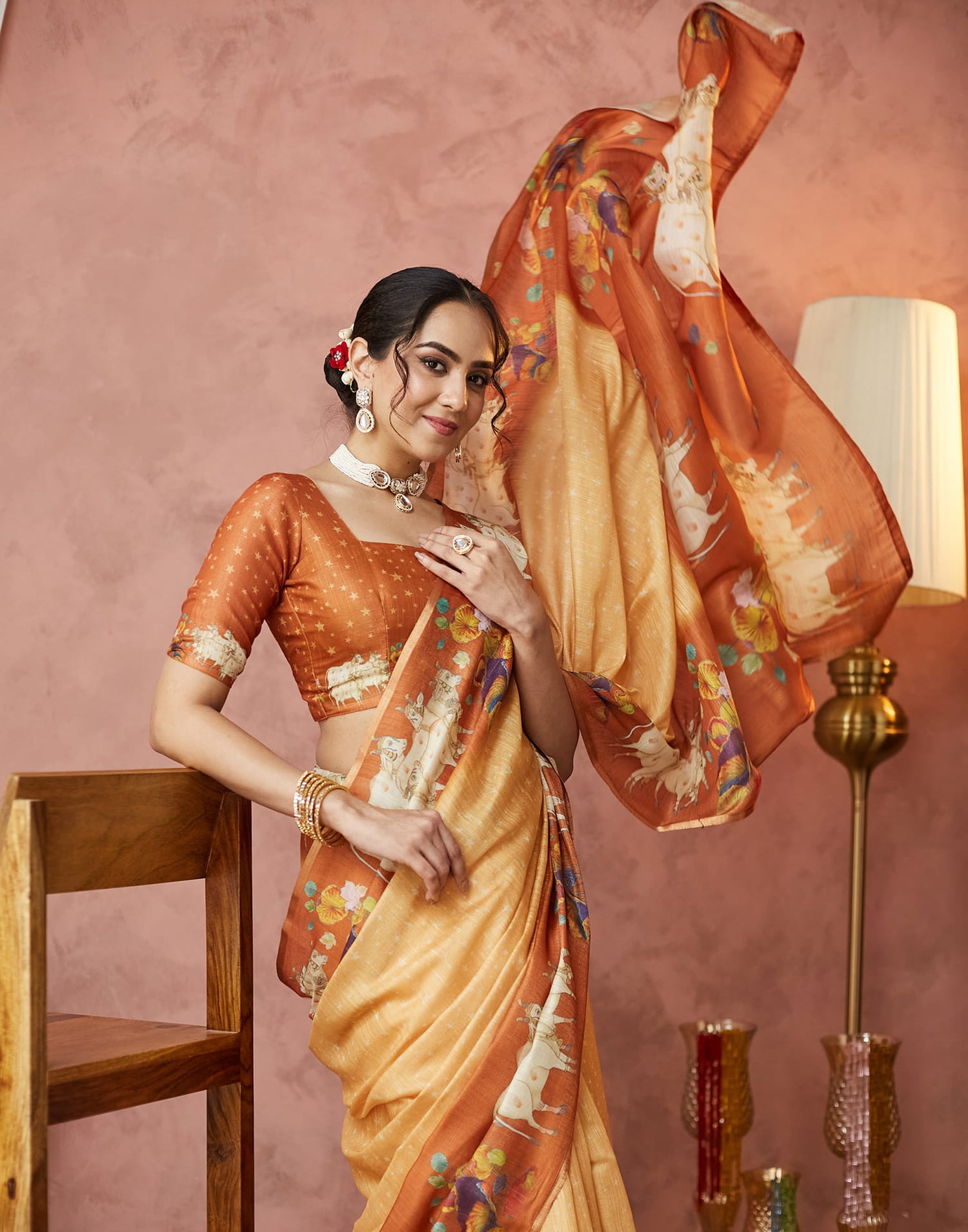 Yellow Cotton Printed Woven Saree