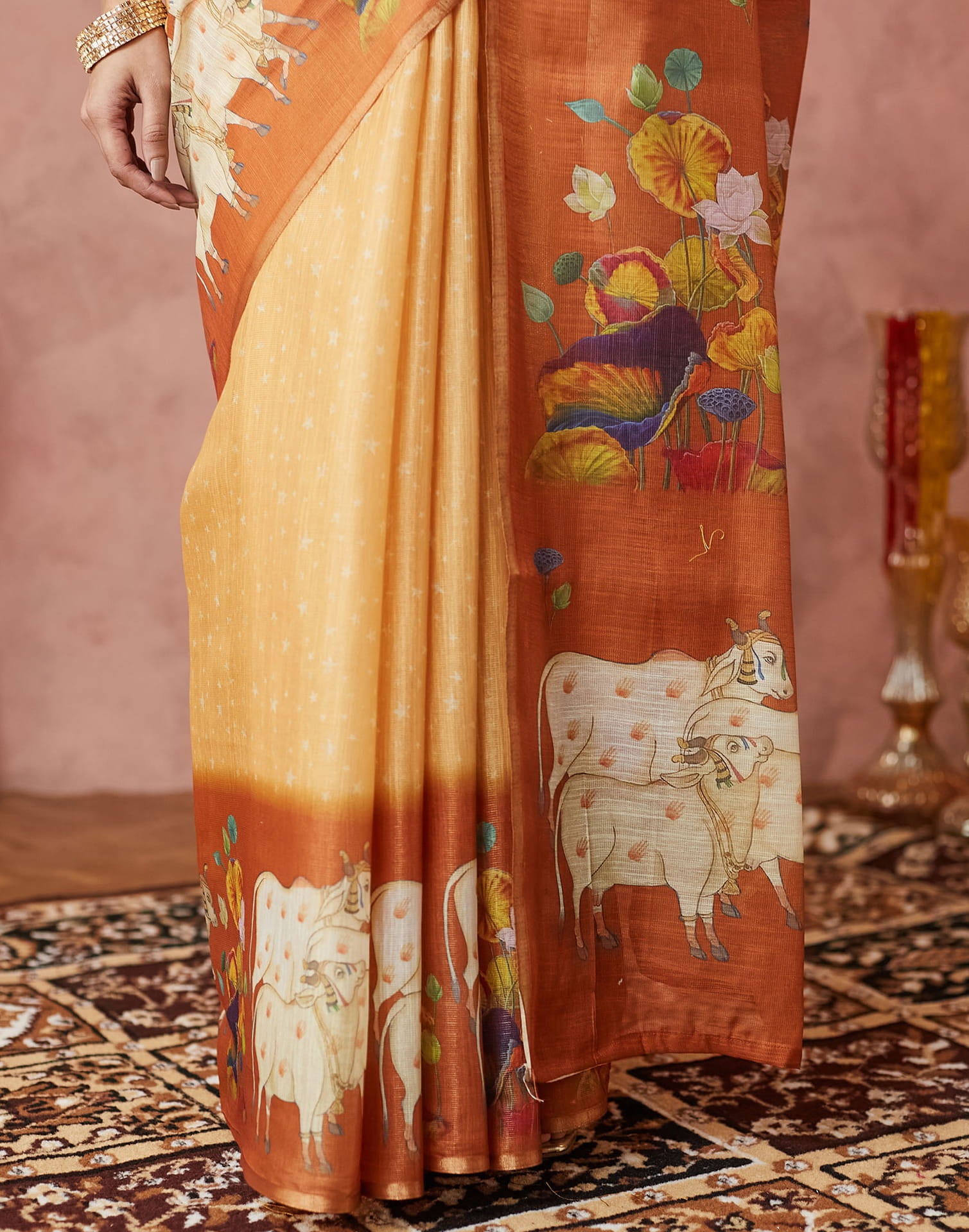 Yellow Cotton Printed Woven Saree