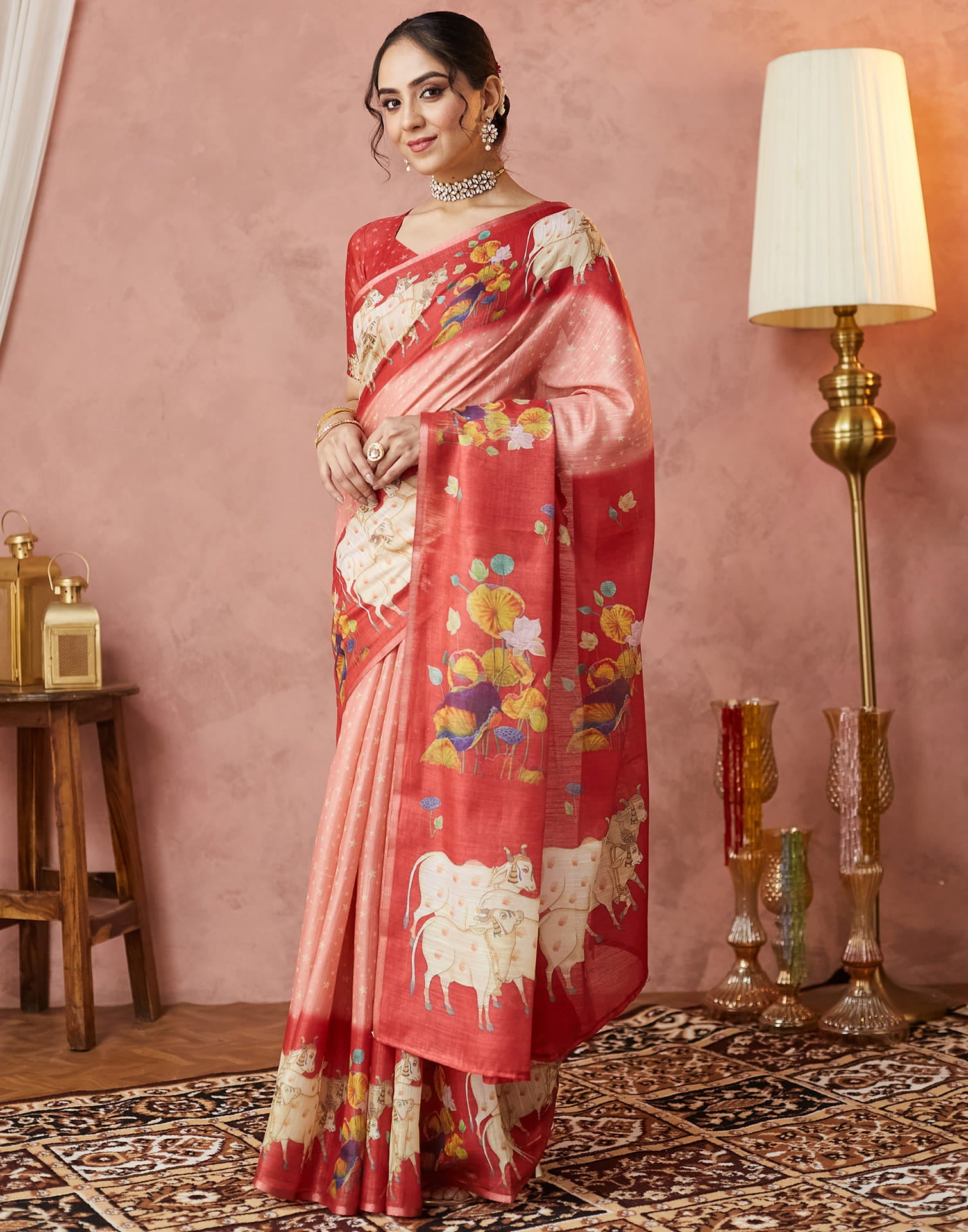 Rose Pink Cotton Printed Woven Saree